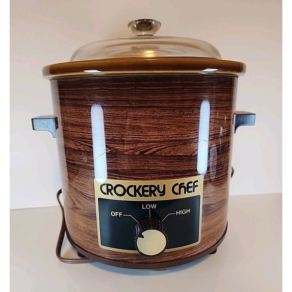 Vintage Crockery Chef Crock Pot + Glass Lid 3 1/2 Quart Dish Wood Finish
